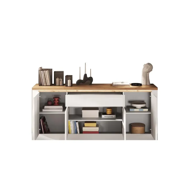 Madia 207x88h cm 4 ante 1 cassetto con led bianco lucido rovere chiaro Istria