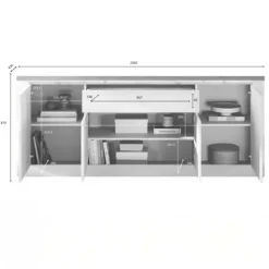 Madia 207x88h cm 4 ante 1 cassetto con led bianco lucido rovere chiaro Istria