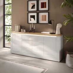 Madia 207x88h cm 4 ante 1 cassetto con led bianco lucido rovere chiaro Istria