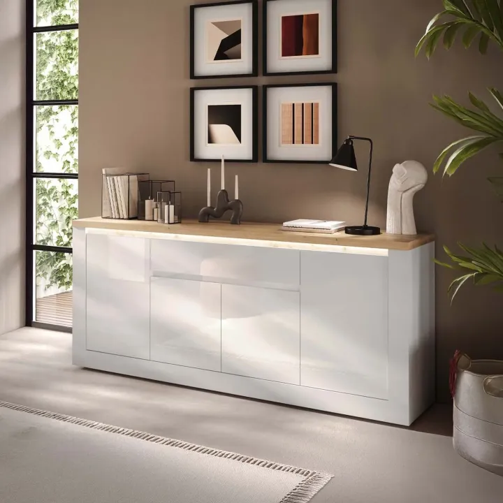 Madia 207x88h cm 4 ante 1 cassetto con led bianco lucido rovere chiaro Istria