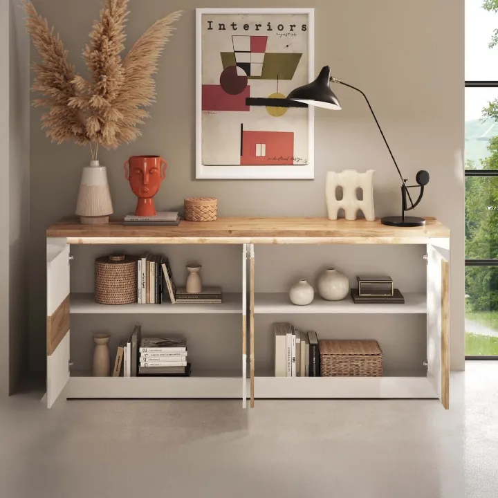 Madia 207x88h cm 4 ante con led bianco lucido rovere chiaro Istria