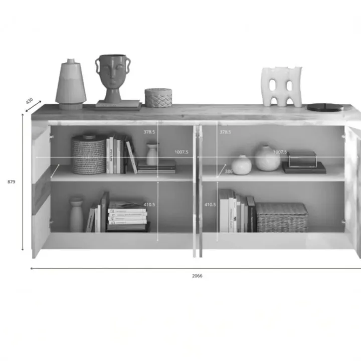 Madia 207x88h cm 4 ante con led bianco lucido rovere chiaro Istria