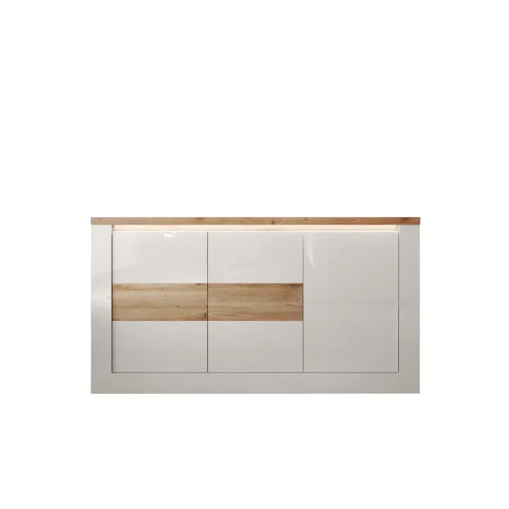 Madia 160x84h cm 3 ante con led bianco lucido rovere chiaro Istria