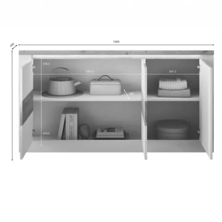 Madia 160x84h cm 3 ante con led bianco lucido rovere chiaro Istria