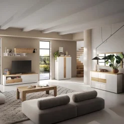 Madia 160x84h cm 3 ante con led bianco lucido rovere chiaro Istria
