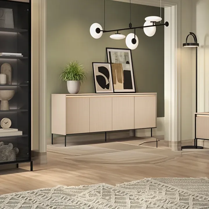 Madia 193x83h cm 4 ante con led cannettato beige nero Camelia