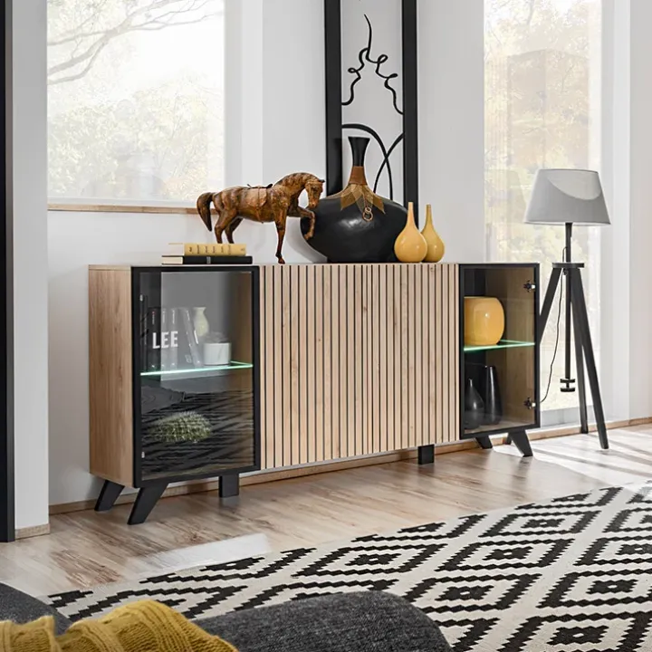 Madia 160x82h cm 4 ante con stampa nera soggiorno noce Mendes