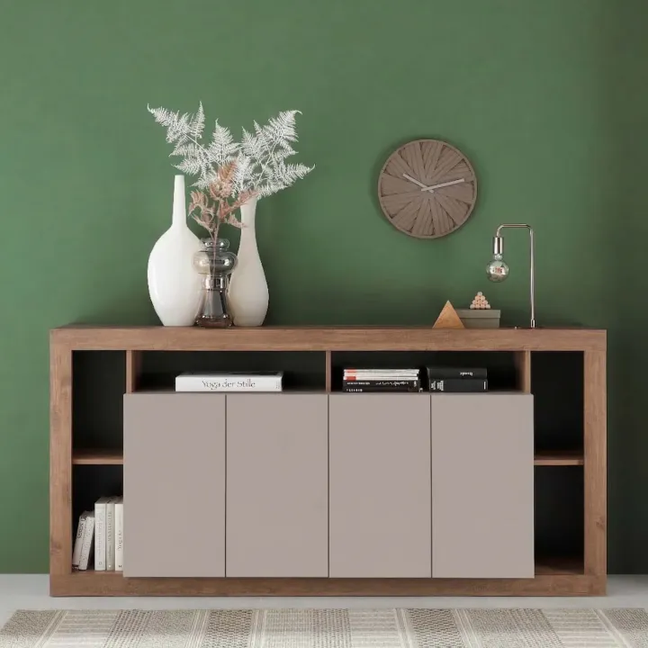 Madia 210x102h cm 4 ante e vani a vista beige cashmere rovere scuro Trilogy