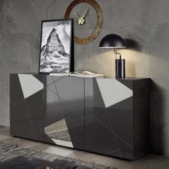 Madia 181x84h cm 3 ante grigio lucido specchio con serigrafia Olimpo