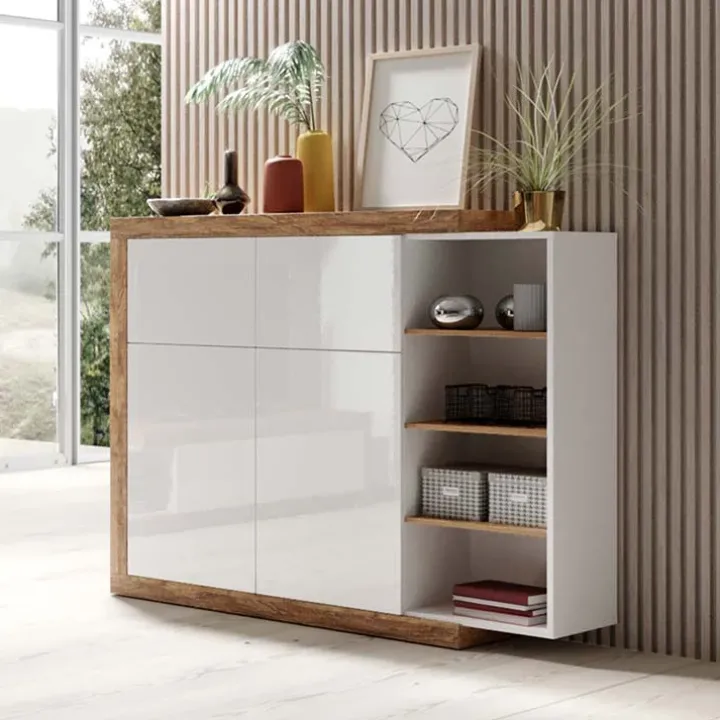 Madia 151x128h cm 4 ante moderna bianco lucido rovere Aria