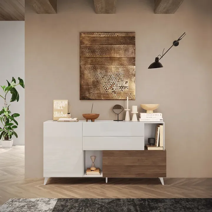 Madia 181x94h cm 2 ante moderna bianco lucido rovere scuro Witty