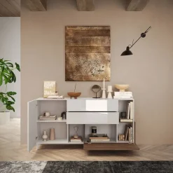Madia 181x94h cm 2 ante moderna bianco lucido rovere scuro Witty