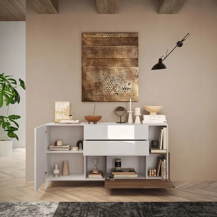 Madia 181x94h cm 2 ante moderna bianco lucido rovere scuro Witty