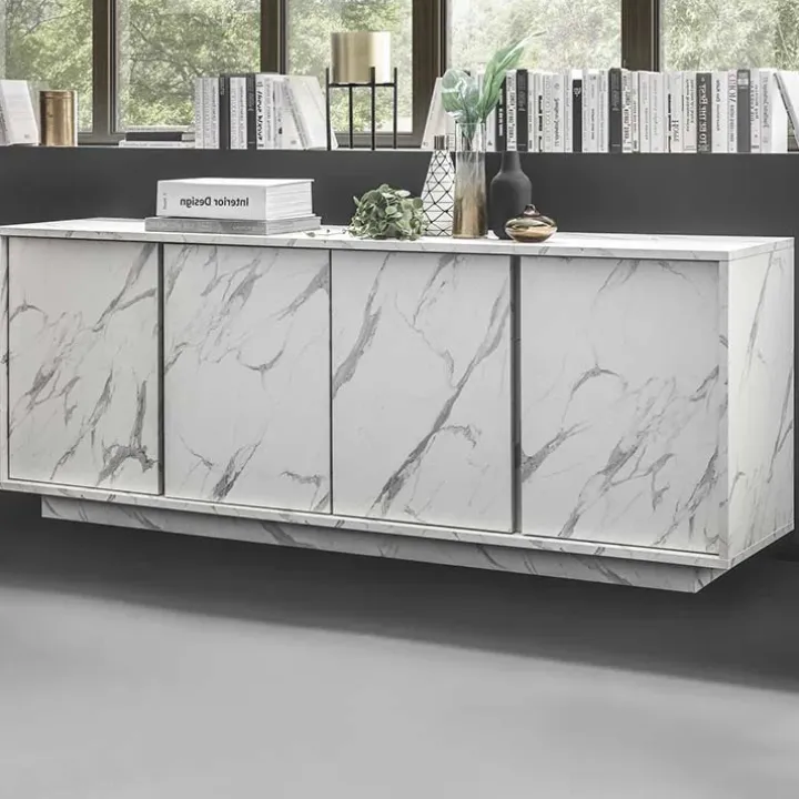 Madia 180x79h cm 4 ante moderna effetto marmo bianco Viking