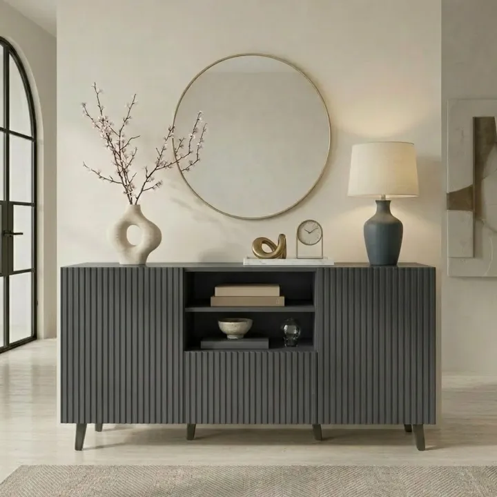 Madia 151x83h cm 3 ante moderna industrial cannettato antracite Essence