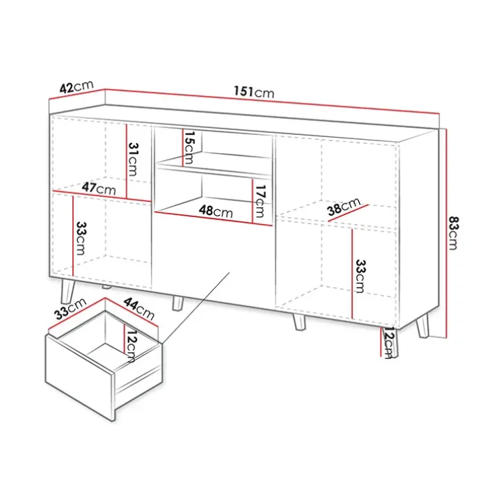 Madia 151x83h cm 3 ante moderna industrial cannettato bianco Essence