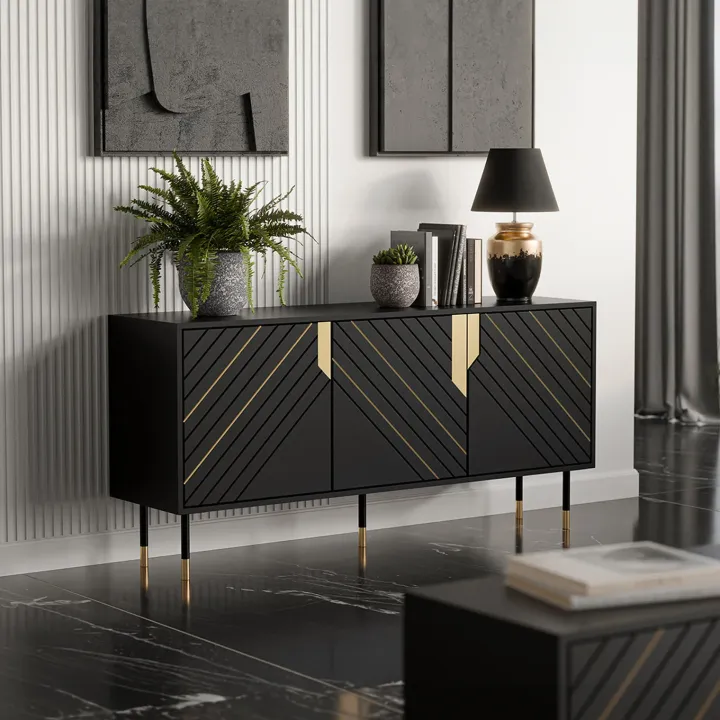Madia 154x72h cm 3 ante moderna nero oro Golden