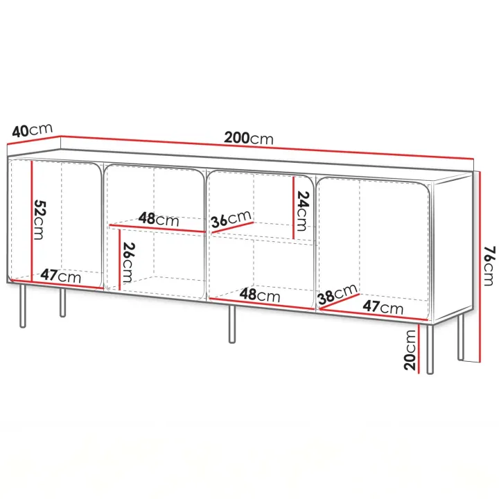 Madia 200x76h cm 4 ante moderna rosso mattone Maya