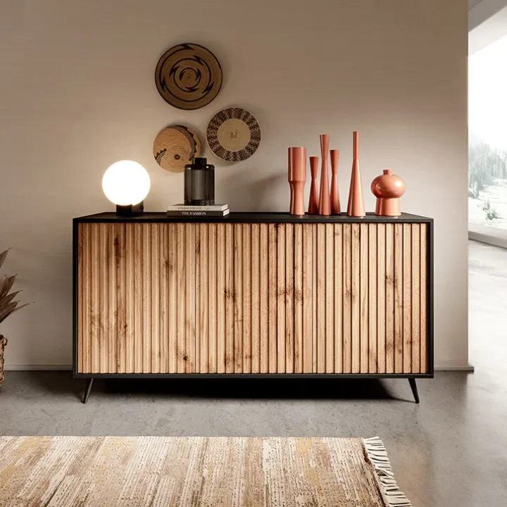 Madia 154x78h cm 3 ante moderna rovere cannettato nero Celestia
