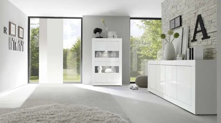 Madia 207x86h cm 4 ante moderna soggiorno bianco lucido Eternity