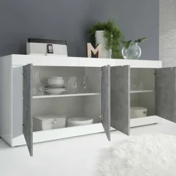 Madia 207x86h cm 4 ante moderna soggiorno bianco lucido cemento Eternity