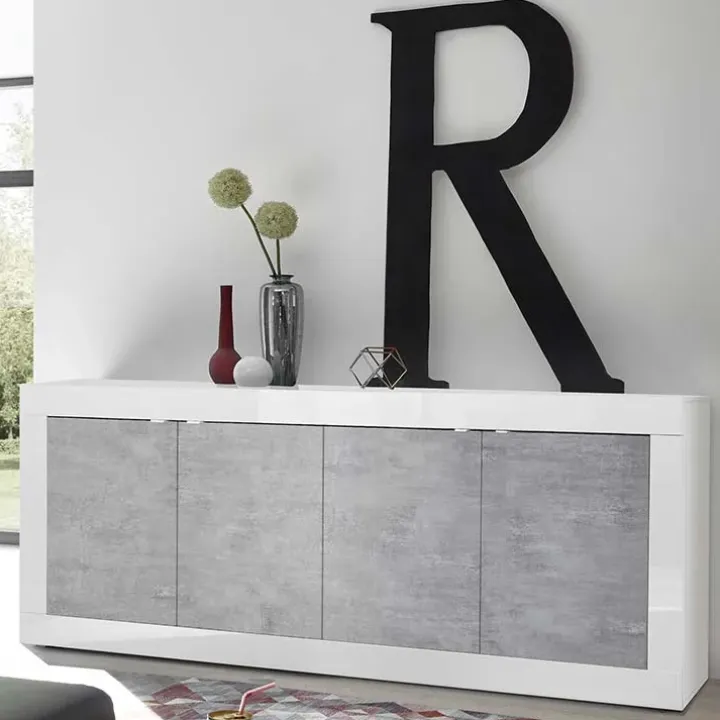 Madia 207x86h cm 4 ante moderna soggiorno bianco lucido cemento Eternity