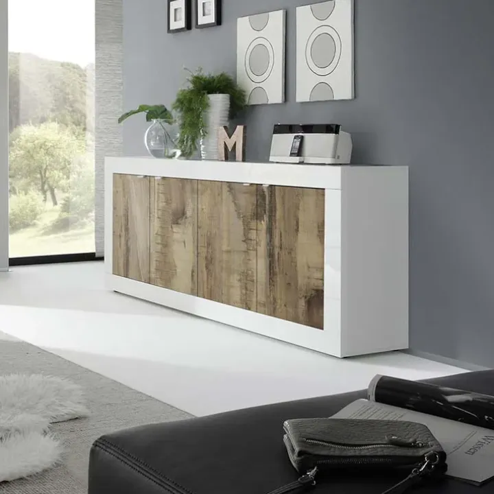 Madia 207x86h cm 4 ante moderna soggiorno bianco lucido pero Eternity