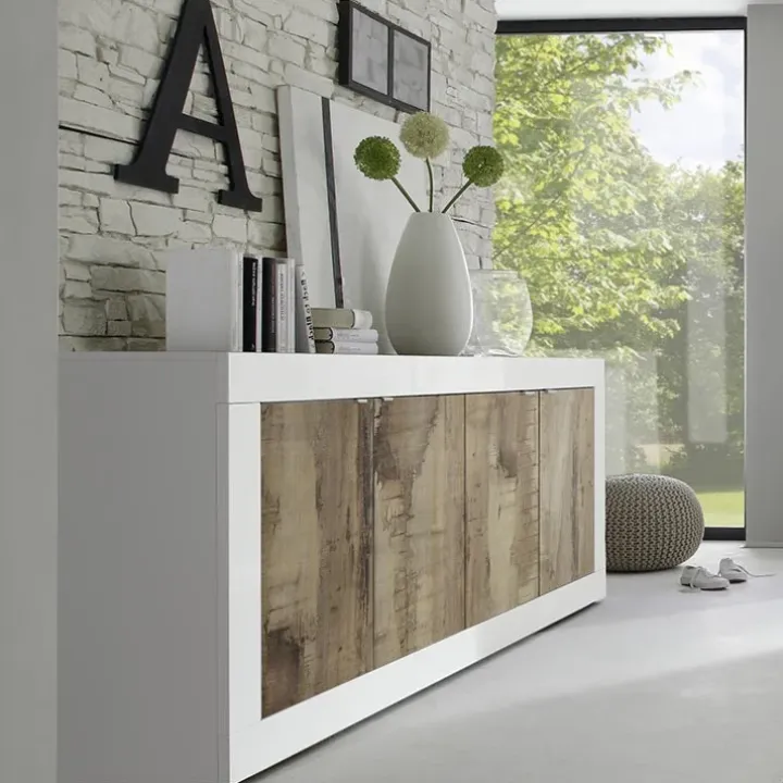 Madia 207x86h cm 4 ante moderna soggiorno bianco lucido pero Eternity