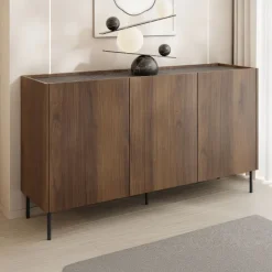Madia 144x78h cm 3 ante 3 ripiani piano effetto marmo nero noce Caliva