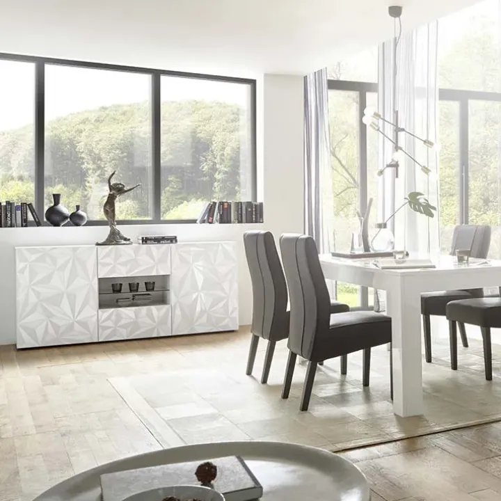 Madia 181x84h cm 2 ante soggiorno bianco laccato lucido con serigrafia Marvis
