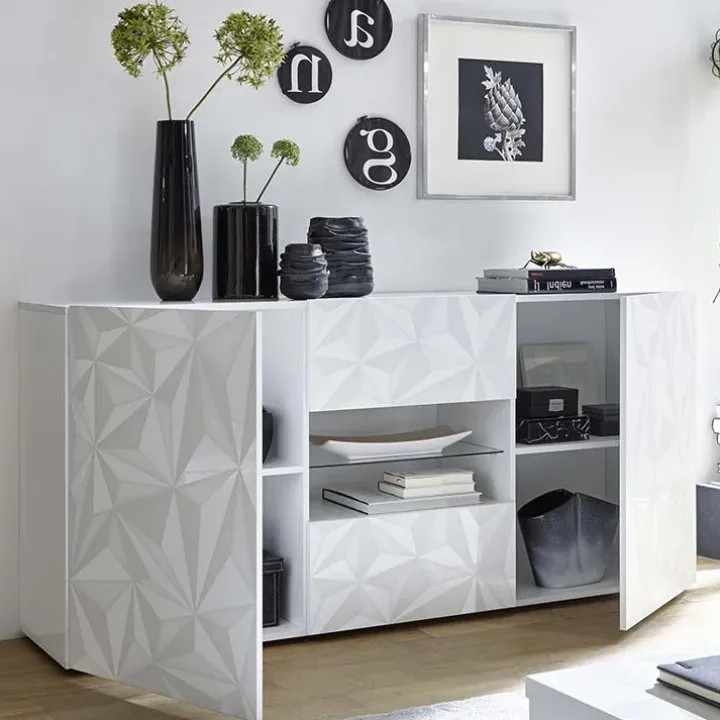 Madia 181x84h cm 2 ante soggiorno bianco laccato lucido con serigrafia Marvis