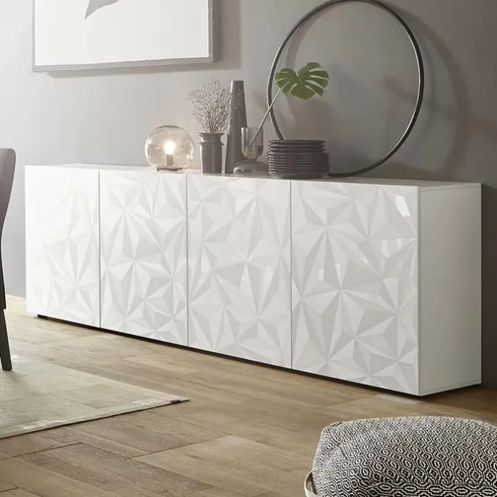 Madia 241x84h cm 4 ante soggiorno bianco lucido con serigrafia Marvis