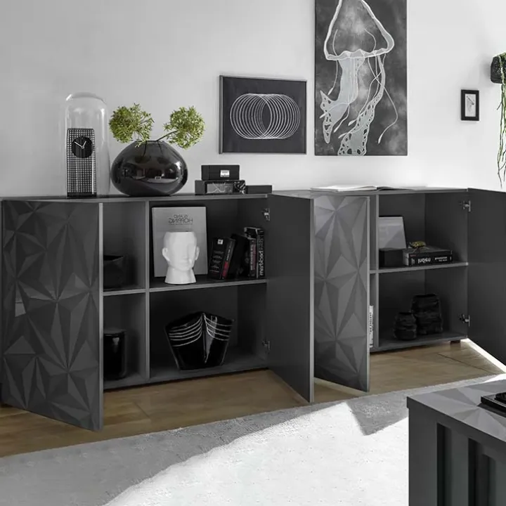 Madia 241x84h cm 4 ante soggiorno grigio con serigrafia Marvis