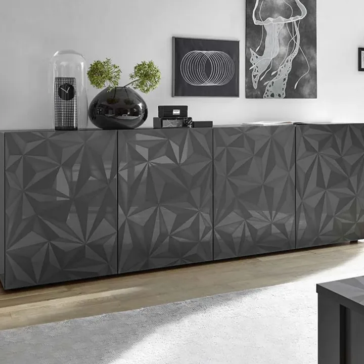 Madia 241x84h cm 4 ante soggiorno grigio con serigrafia Marvis