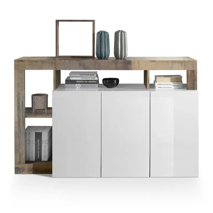 Madia 146x93h cm 3 ante vani a giorno moderna bianco pero Invictus