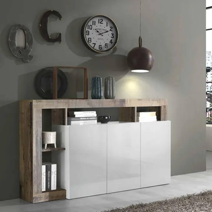 Madia 146x93h cm 3 ante vani a giorno moderna bianco pero Invictus