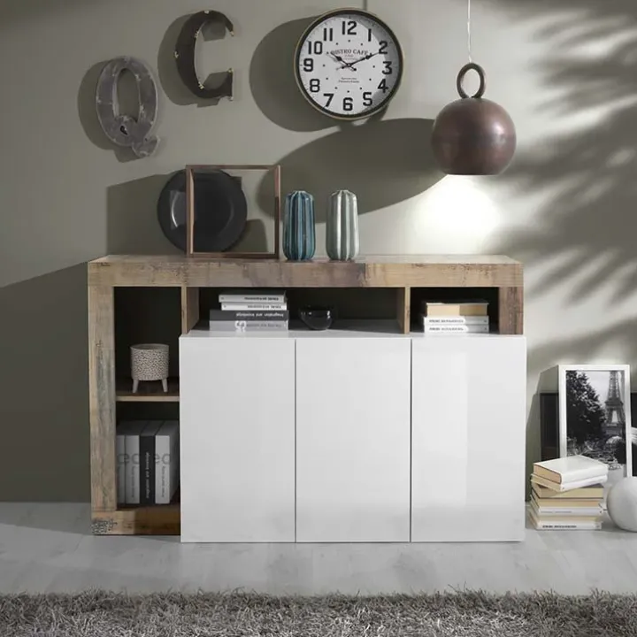 Madia 146x93h cm 3 ante vani a giorno moderna bianco pero Invictus