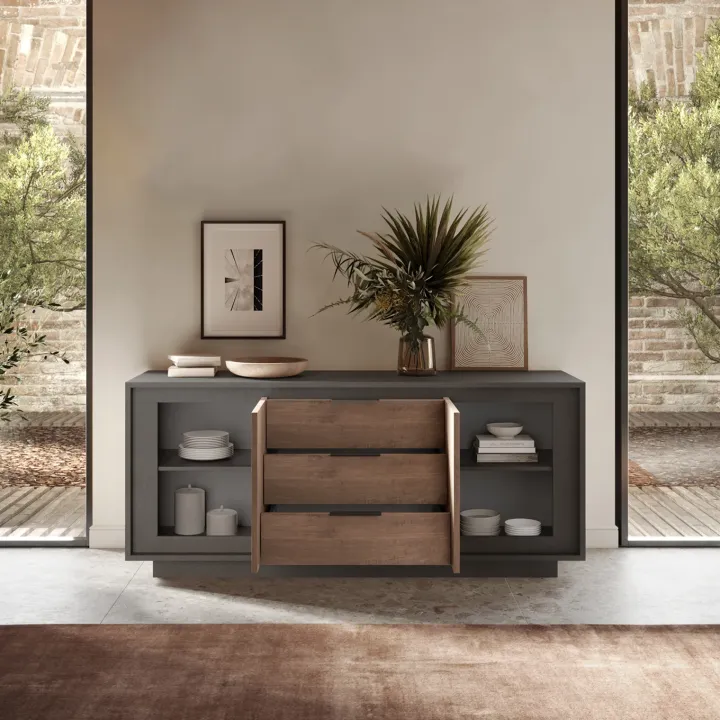 Madia 180x80h cm 3 cassetti 2 ante moderna antracite rovere scuro Deluxe