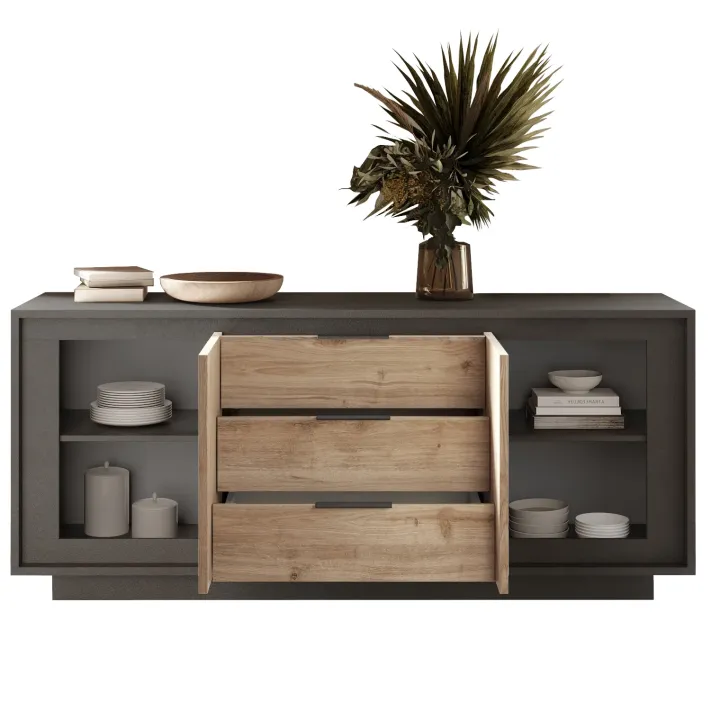 Madia 180x80h cm 3 cassetti 2 ante moderna antracite rovere chiaro Deluxe