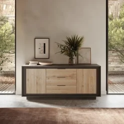 Madia 180x80h cm 3 cassetti 2 ante moderna antracite rovere chiaro Deluxe