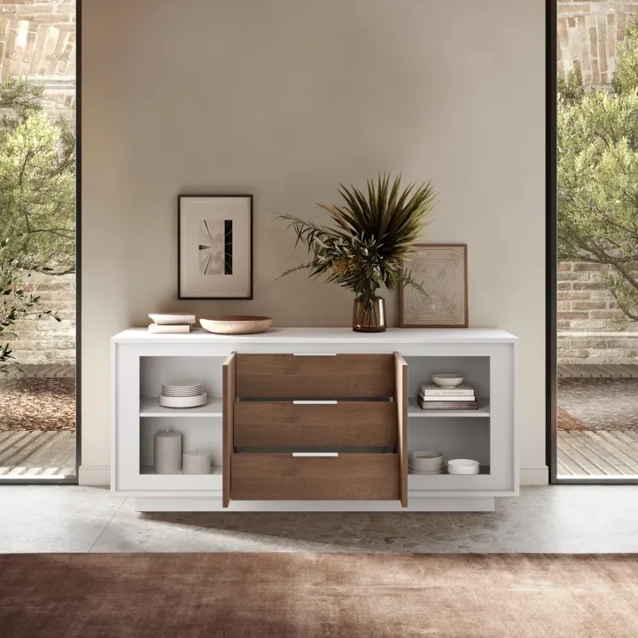 Madia 180x80h cm 3 cassetti 2 ante moderna bianco opaco rovere scuro Deluxe