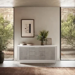 Madia 180x80h cm 3 cassetti 2 ante moderna bianco opaco grigio cemento Deluxe