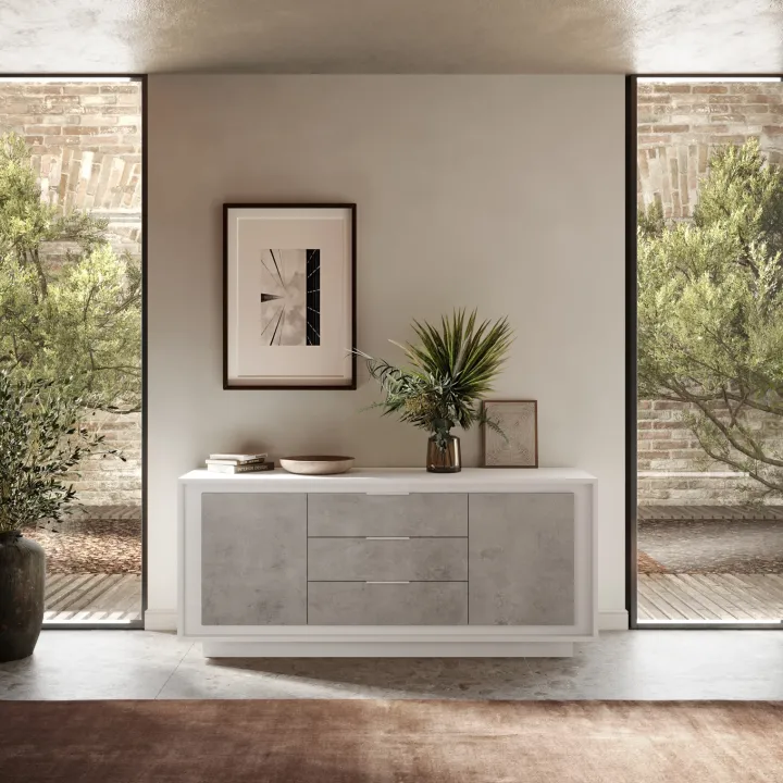 Madia 180x80h cm 3 cassetti 2 ante moderna bianco opaco grigio cemento Deluxe