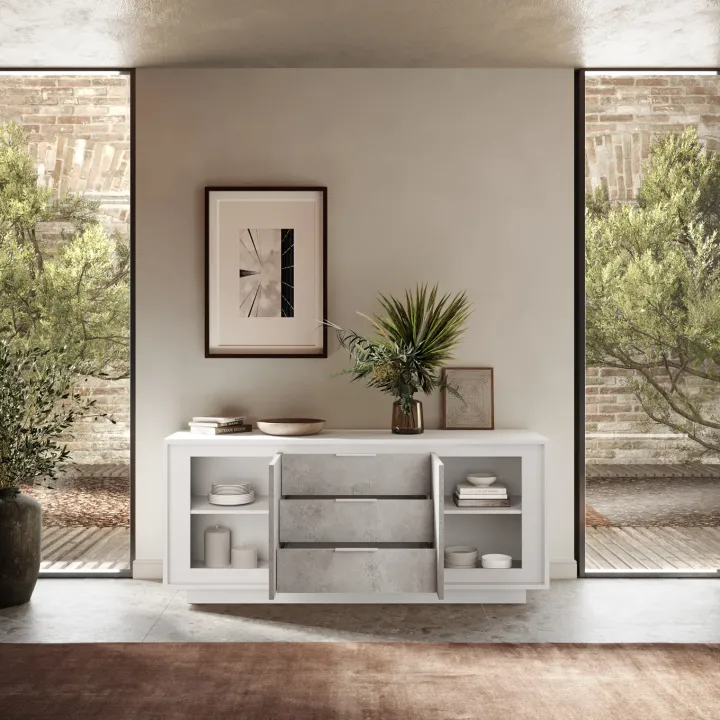 Madia 180x80h cm 3 cassetti 2 ante moderna bianco opaco grigio cemento Deluxe