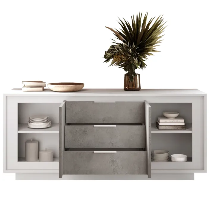Madia 180x80h cm 3 cassetti 2 ante moderna bianco opaco grigio cemento Deluxe