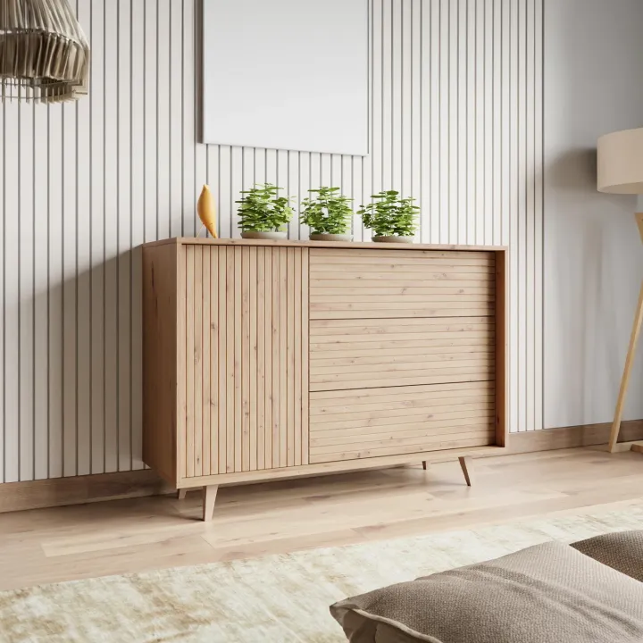 Madia 120x84h cm 3 cassetti rustica design cannettato rovere Branch