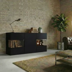 Madia 120x62h cm con vetrinetta moderna nero rovere Fusion