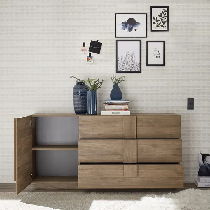 Madia 182x90h cm moderna 1 anta 3 cassetti rovere scuro Alvarez