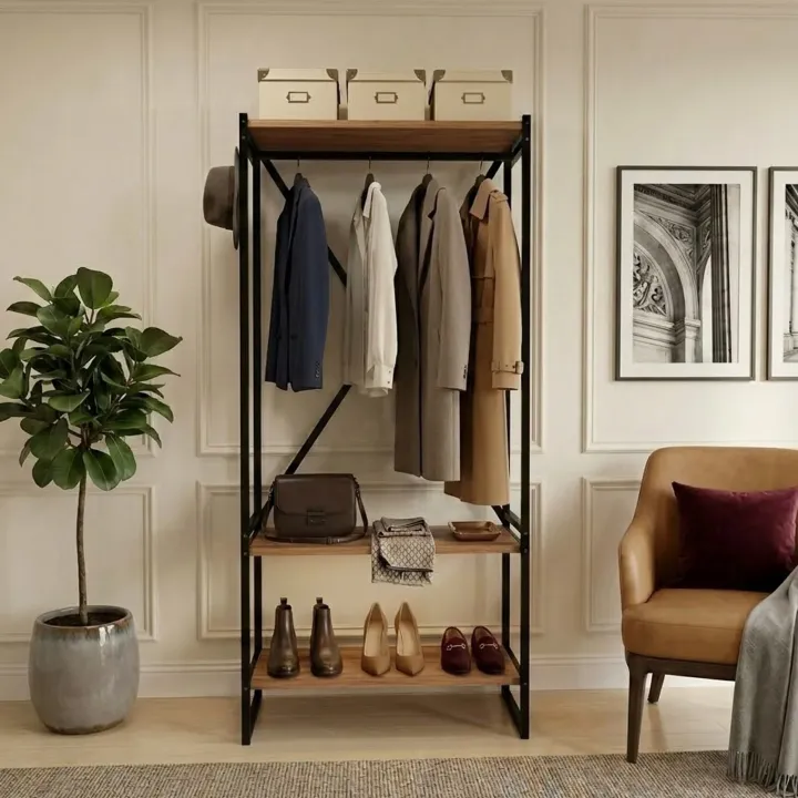Mobile ingresso appendiabiti 66x160h cm industrial con scarpiera metallo rovere rustico Loft