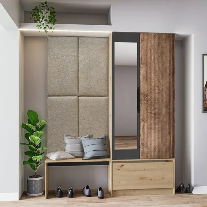 Mobile ingresso reversibile 160x202h cm con specchio scarpiera rovere chiaro Canada